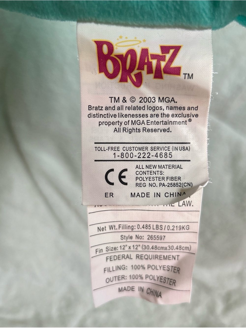 Vtg 2003 BRATZ Slumber Party JADE Plush PILLOW MGA-Aqua Green-w/Tags-12"x12” - Picture 7 of 12